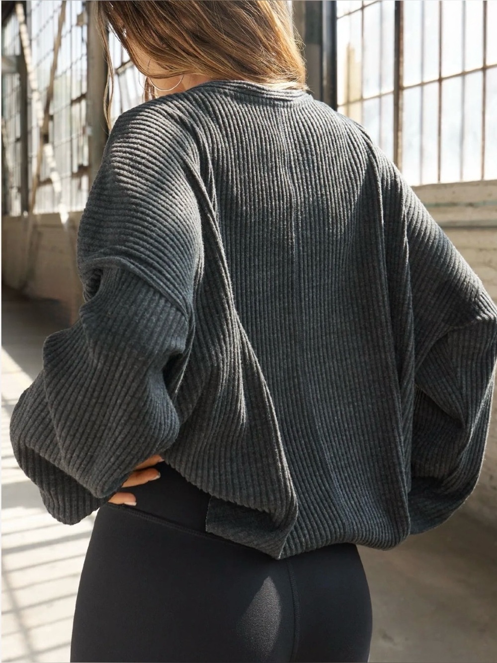 Joah Brown V-Neck Relaxed Fit Ribbed Knit Cardigan Charcoal Gray Size Medium - Picture 4 of 10